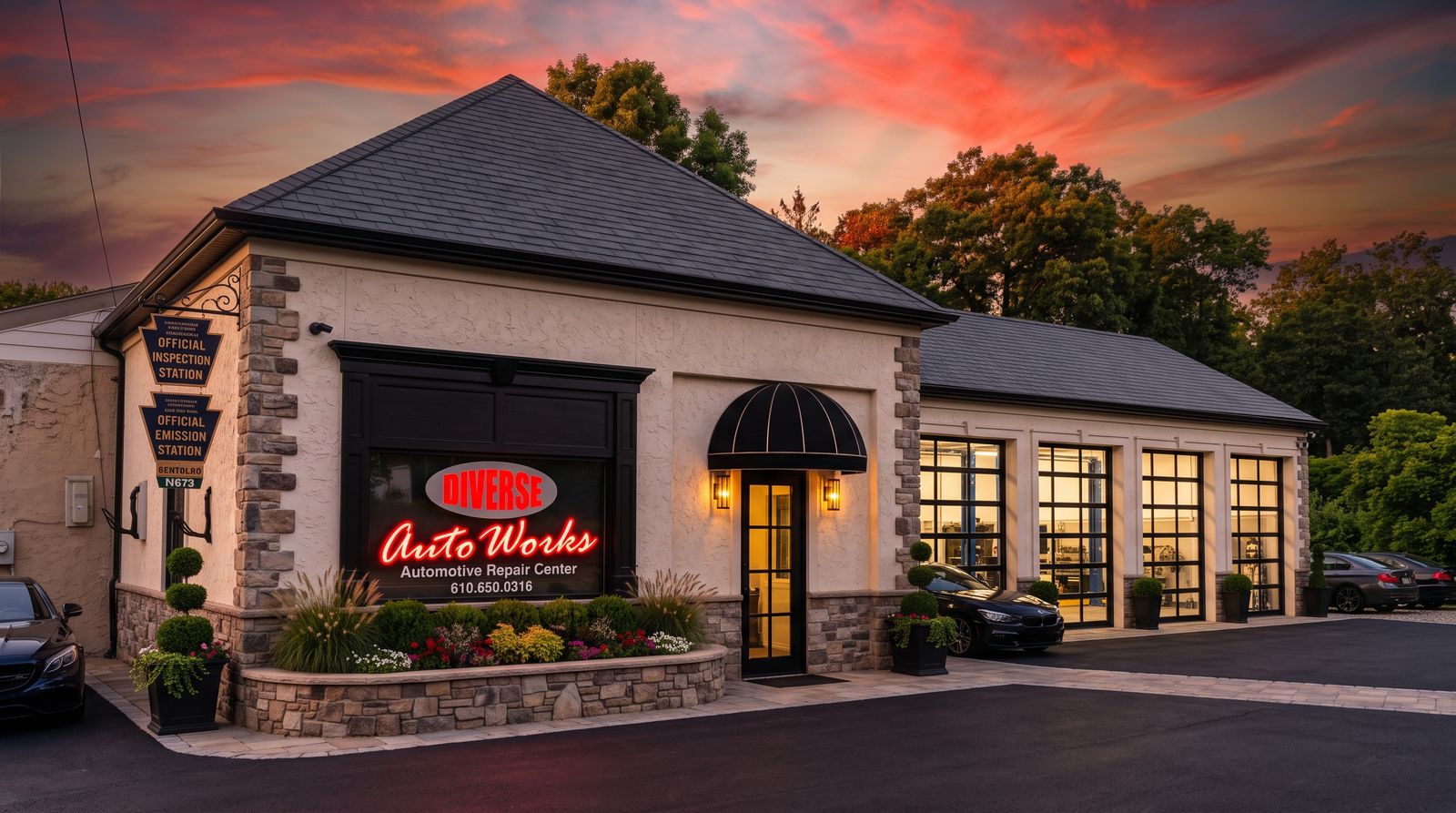 Illustrative rendering of the Diverse Auto Works shop at dusk