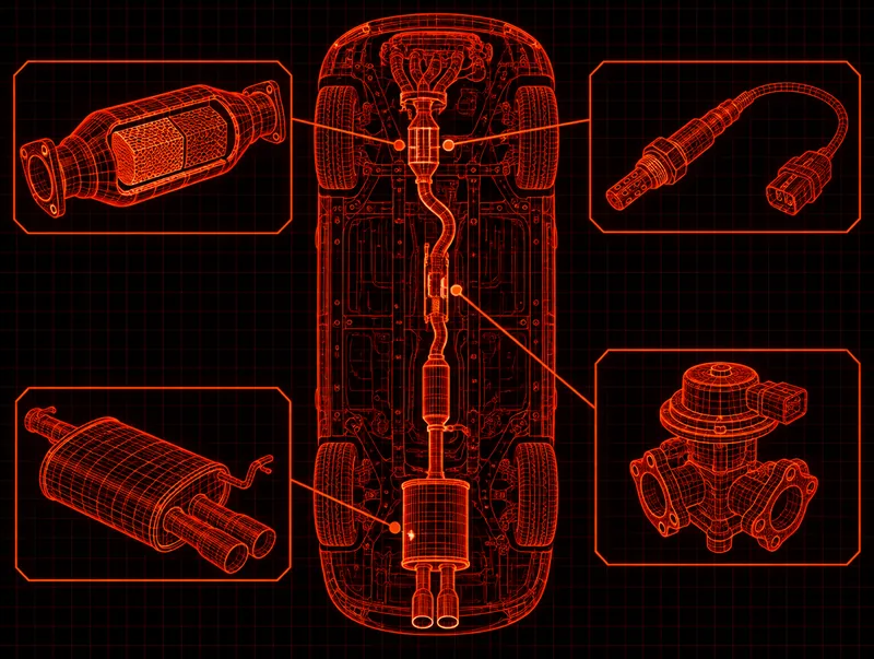 Blueprint-style drawing of an exhaust system with a catalytic converter and oxygen sensor
