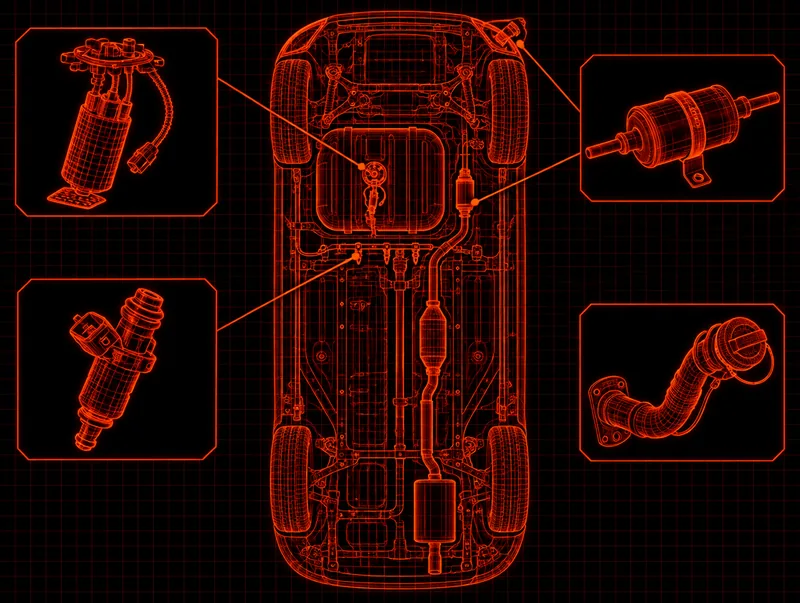Blueprint-style drawing of a fuel tank, fuel pump, filter and injector