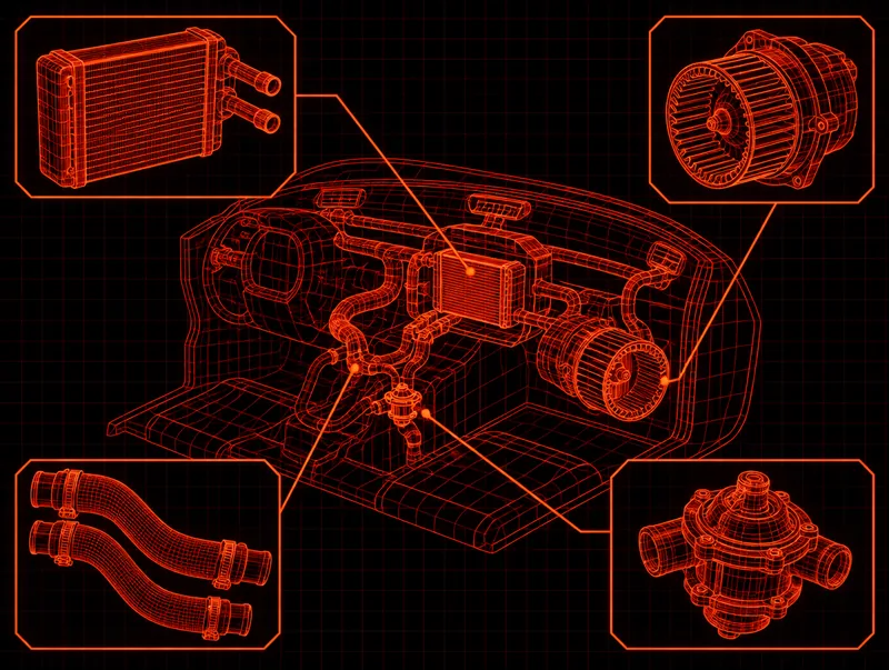 Blueprint-style drawing of a car heater core, blower motor and hoses