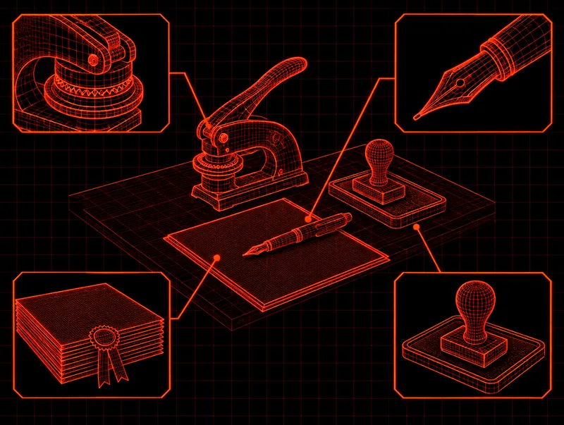 Blueprint-style drawing of a notary embosser, pen, stamp and documents