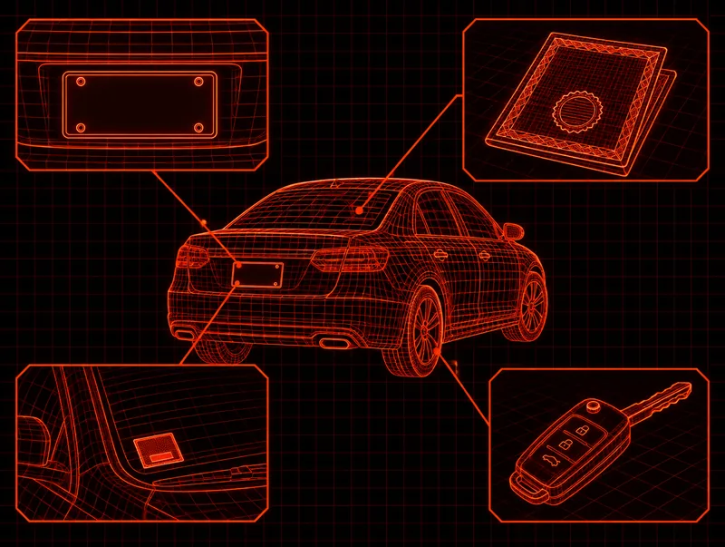 Blueprint-style drawing of a license plate, vehicle title, registration sticker and key